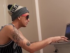 Hot tattooed guy jerking his young cock off in the shower to MILF porn Thumb
