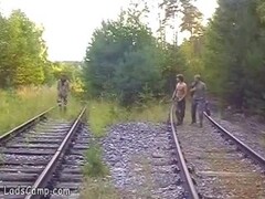 Three young gay hikers filmed banging on railway Thumb